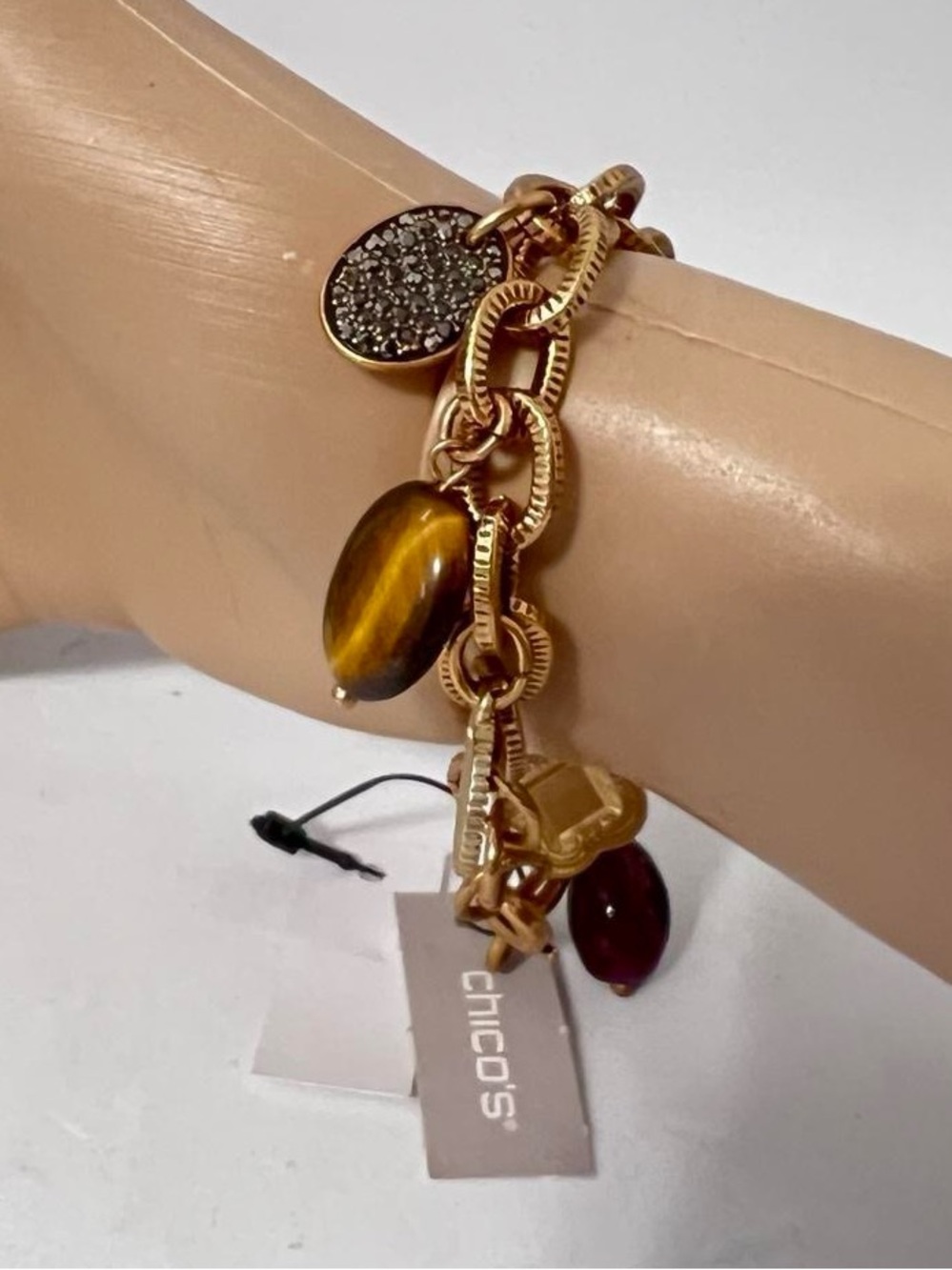 Chico's Gold-Tone Charm Bracelet with Tiger Eye and Garnet-Style Charms